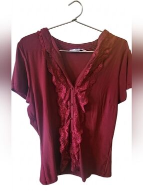 ALFRED SUNG Deep Burgundy Lace-Accent Top